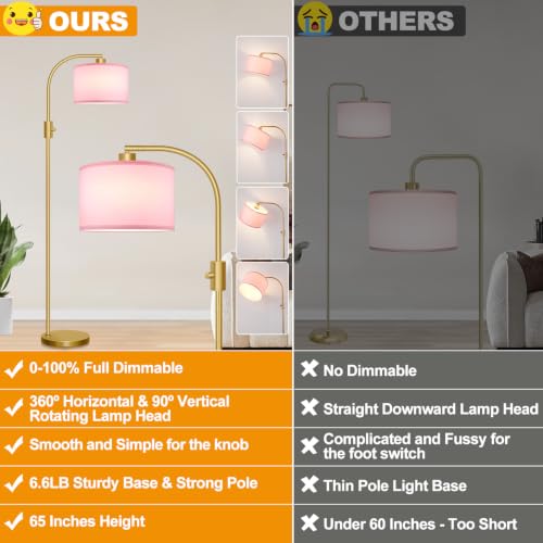 Nintiue Dimmable Floor Lamp, 1200 Lumens LED Edison Bulb Included, Arc Gold Floor Lamps for Living Room Modern Standing Lamp with Pink Linen Shade - color: Gold-Pink Shade