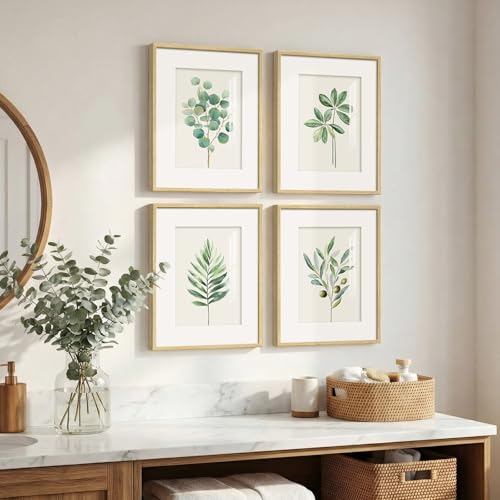 Framed Minimalist Sage Green Botanical Kitchen Wall art, 4 Piece 8x10 In | Green leaf plant pictures, Boho modern farmhouse wall decor, Plexiglass with mat prints, Bedroom bathroom hallway decor - color: Green and White, size: 8" W x 10" H x 4 pcs