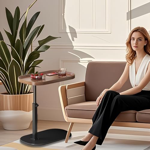 C Shaped Side Table Adjustable Height, 360° Swivel Couch End Table That Slide Under, Small C Shaped End Table for Sofa/Bed/Bathtub, Coffee TV Dinner Tray for Living Room, Bedroom, Bedside (Wood) - color: Wood