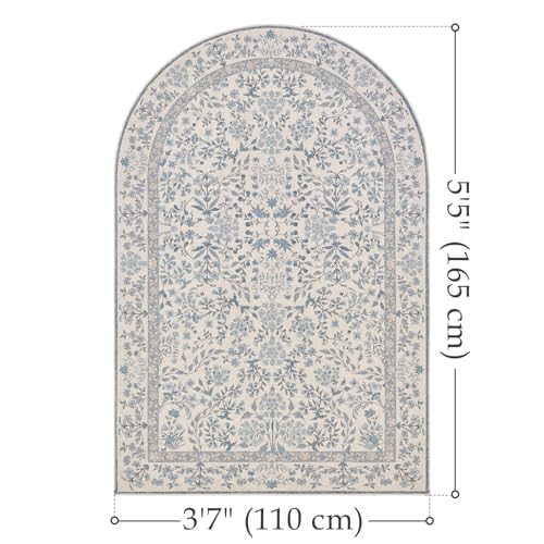 jinchan 4x6 Washable Entryway Area Rug, Vintage Blue Floral Non-Slip | Botanical Low-Profile, Chair Mat and Doormat, Under Desk Throw Dirt-Trapping Carpet for Home Office Study Room Kitchen - color: Blue/Cream, size: 3'7" x 5'5" (U-Shape)