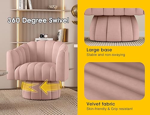 Dewhut Swivel Barrel Accent Chair, Velvet Reading Armchair, Pink | Mid Century Style, Modern Round ArmChair With 360° Swivel Base, For Living Room / Bedroom / Office - color: Pink
