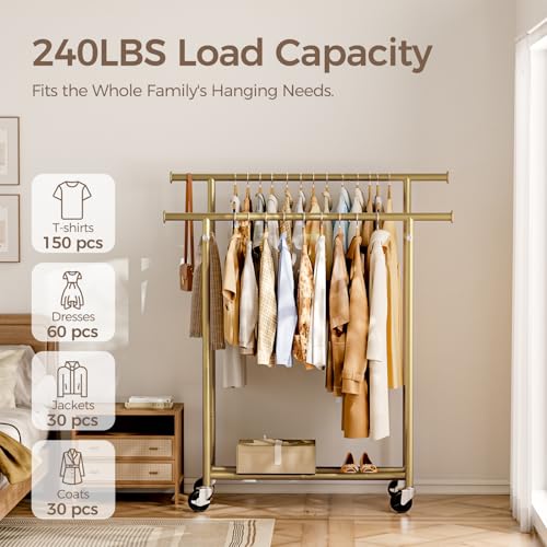 HYSEYY Clothes Rack, Double Rods Rolling Clothing Rack for Hanging Clothes, Portable Garment Rack with Wheels, Coat Rack Wardrobe Closet Load 240 LBS for Bedroom Laundry Room (Glod, L) - color: Glod, size: L