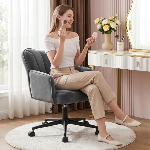 DurayLoly Desk Chair with Shell Back & 360° Swivel Wheels | Comfy Velet Vanity Chair,Adjustable Height,Stylish and Comfortable for Makeup, Work & Relaxation,Dark Grey - color: Dark Grey