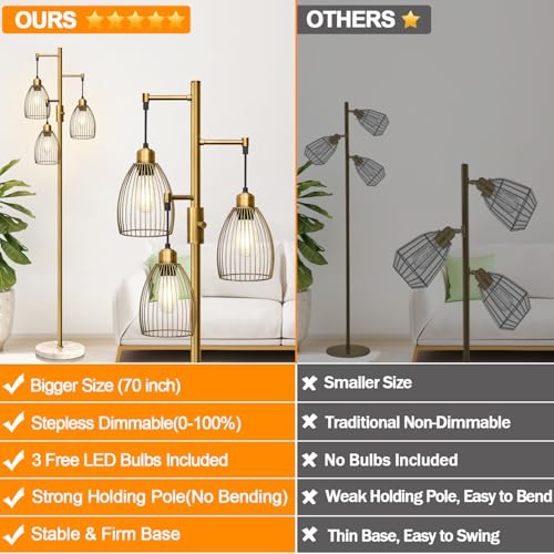 Torondo Dimmable Floor Lamps for Living Room, Industrial Standing Lamp with Marble Base, Antique Brass Tree Tall Pole Light with 3 Elegant Teardrop Cage Head & 800 Lumens LED Bulbs for Bedroom Office - color: Antique Brass-Marble Base-70 inches