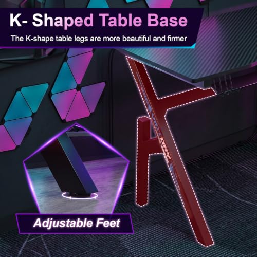 BestOffice | 47" Gaming Table | Black & Blue | R-Shaped Computer Desk | with Steel Frame, Headphone Hook, Adjustable Feet | Carbon Fiber Texture| Easy to Clean | for Gaming, Home Office - color: Black&blue, size: 47 Inch R Shaped