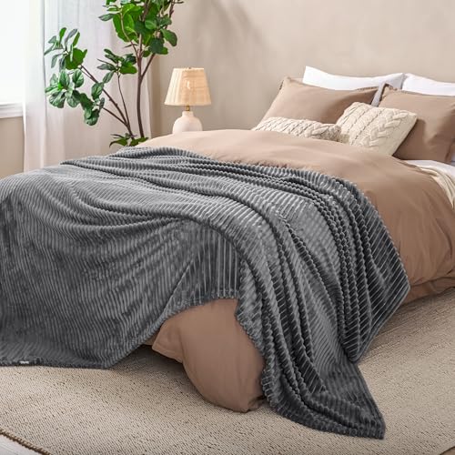 Bare Home Fleece Blanket Luxury Microplush (Full/Queen, Ribbed Grey) | Ultra-Soft Lightweight Blanket for Bed, Sofa, and Couch, Cozy & Warm Blanket - color: 35 - Ribbed Grey, size: Full/Queen