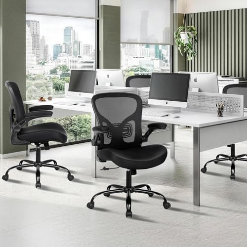 Ergonomic Office Chair, Flip-up Armrest, Mesh Back PU Leather Seat | Black Computer Desk Chair, Height Adjustable, Lumbar Support, Breathable Mesh Back, Thick PU Leather Cushion, 300lb Cap