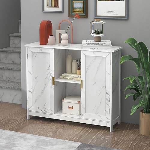TaoHFE Marble Top Narrow Sideboard Cabinet,White Marble Side Buffet Cabinet | Modern Side Buffet Cabinet With Storage,Kitchen Island narrow sideboard for kitchen for living room - color: Marble White