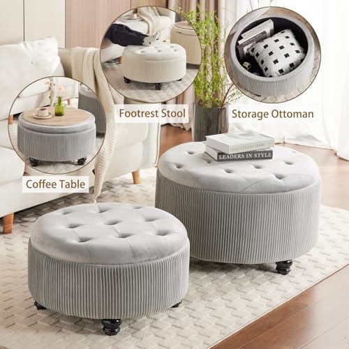 29'' & 24.5'' Round Storage Ottoman Coffee Table Set of 2, Light Gray | Ottoman with Storage, Removable Lid, Upholstered Footrest Stool for Living Room Bedroom, Easy Assembly, Velvet Ottomans - color: Large-light Grey