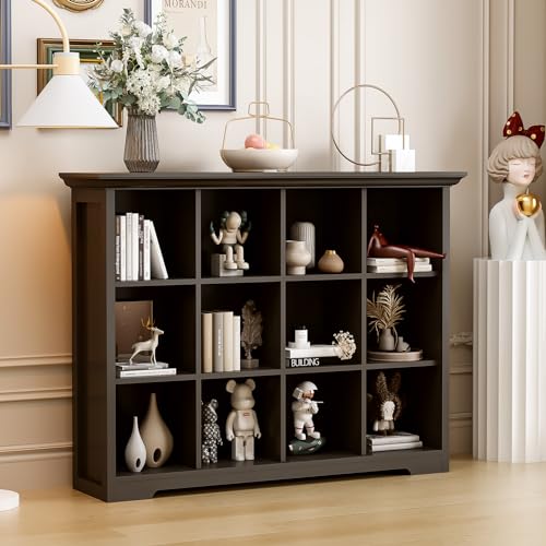 12-Cube Open Bookcase with Base, 3-Tier Wooden Bookshelf, Black | Curved Base, Crown Molding, Fits 11×11" Bins, Modern Storage Cabinet for Living Room, Bedroom, Home Office - color: Black, size: 12-Cube
