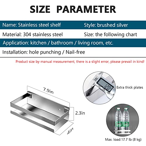 Rustproof Metal Storage Floating Shelves Wall Mounted Rectangular Shelf for Bedroom,Bathroom, Living Room, Kitchen, and Laundry Room,Nail-Free Wall-Mounted Shelves(7.9 Inch Silver) - color: Silver, size: 7.9in(20cm)