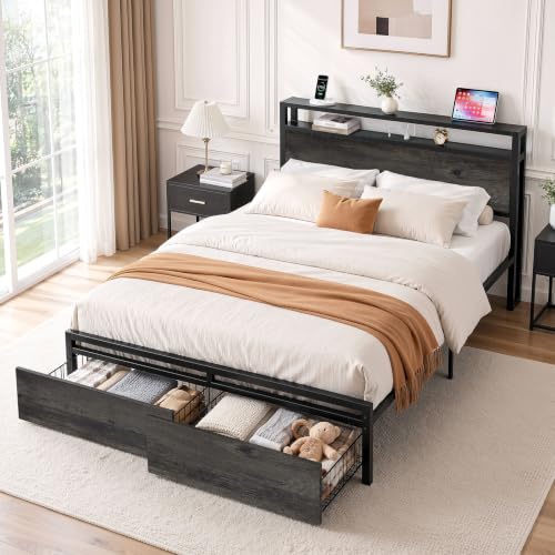 LIKIMIO Queen Bed Frame with Headboard, 2 Drawers and Charging Station - color: Charcoal Grey, size: Queen