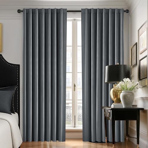 Deconovo Total Blackout Velvet Curtains 108 Inch for Bedroom & Living Room, Thermal Insulated Light Blocking Drapes with Hidden Tabs & Back Loops, Tiebacks Included, 50 x 108 Inch, Grey, 2 Panels - color: Velvet Total Blackout - Grey, size: 50"W x 108"L (