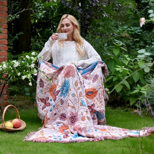 LUTBM Boho Throw Blanket for Bed 60"x80", All Season Cotton Couch Blankets | Reversible Floral Butterfly Embroidery, Lightweight Breathable Twin Quilt, For Chair Sofa Bedroom Living Room, Home Decor - color: Butterfly-beige, size: 60"×80"