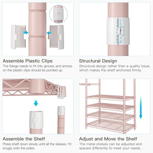 E1 Heavy Duty Closet Garment Rack, 6 Tiers Expandable Clothing Storage | Pink Adjustable Metal Freestanding Clothes Rack with 4 Hanger Rods, Easy-to-Assemble Wardrobe - color: Pink