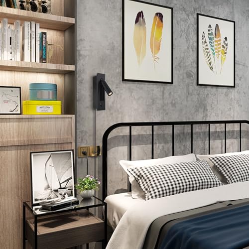 Set of 2 Led Headboard Wall Light, 350°Rotation Portable Plug in Wall Sconce Hardwired, Bedside Reading Light Recessed Push Switch, Hotel Bed Side Decor Wall Sconces Spotlight (Matt Black) - color: Matt Black