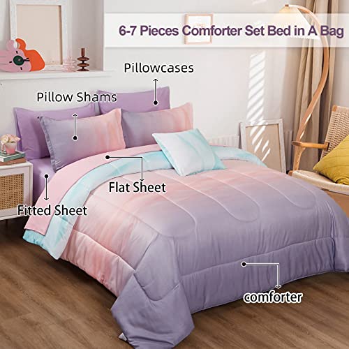 Dinjoy Reversible Girls Comforter Set Full Size Colorful Ombre Blue Pink Purple Rainbow Bedding Set 7 Pieces Bed in A Bag for Kids Teen Girls Women(1 Comforter, 1 Flat Sheet, 1 Fitted Sheet) - color: Blue Pink Purple, size: Full