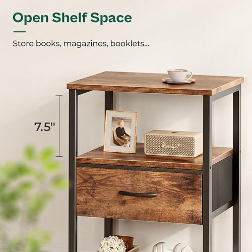 Huuger Night Stand with Fabric Drawer, Side Table with Mesh Shelf, Bedroom Nightstand, Fabric Drawer Dresser, Open Shelf, Metal Frame, Couch Side, Rustic Brown | Bedroom Nightstand, Fabric Drawer Dresser, Open Shelf, Metal Frame, Couch Side, Rustic Brown