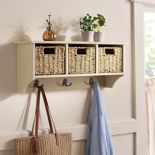 SAFAVIEH Home Collection - Finley Sand Wall Mounted 3-Basket Storage Rack with Hooks & Seagrass Baskets (HAC5700E) - color: Sand