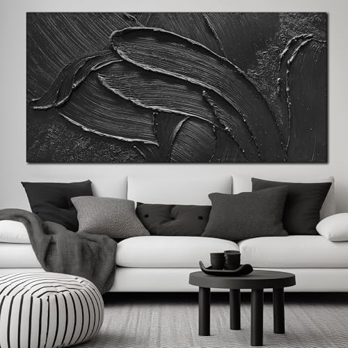 MDHKVPM Extra Large Black Abstract Painting Wall Art 3D Hand Painted Decor | Huge Wall Picture For Living Room, Hand Painted Oil Painting On Canvas, Minimalist Home Office Decoration 36 x 71 Inch - color: Black, size: 71"L x 36"W