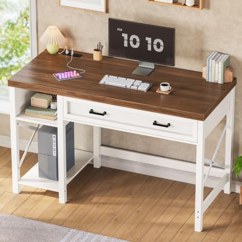 SEDETA Farmhouse Small Desk with Drawers, 40" Computer Desk with Storage Shelves, White Writing Desk for Small Space and Power Outlet, Desk for Bedroom, Home Office - color: White