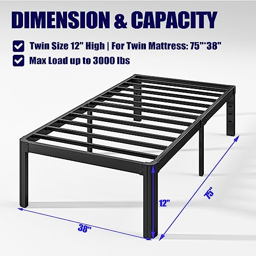 Hunlostten 12" Heavy Duty Twin Bed Frame No Box Spring Needed, Metal Platform Bed Frame Twin with Round Corners, Easy Assembly, Noise Free, Black - size: Twin, style: 12 Inch