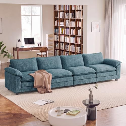 Homall 158.6" Cloud Couch, Modular Sectional Sofa, Dark Blue | Comfy Chenille, Double Layer Cushions, 4 Seat, Sturdy Frame, High-Density Foam, Easy Assembly, Oversized Sofa for Living Room - color: Dark Blue, size: Linear Sofa