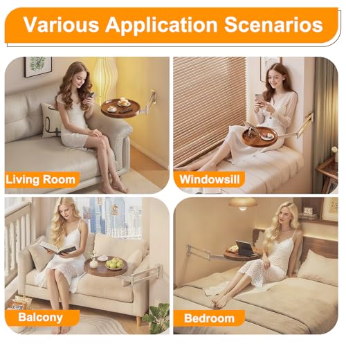 Round Wall Mounted Folding Table for Small Spaces, 11.8" x 11.8" | Floating Wall Mount Side Table, Retractable Wall Desk Fold Down, Solid Wood Tabletop with Aluminum Alloy Brackets (White) - color: White