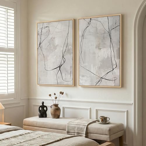 Framed Gray Abstract Wall Art for Living Room, Large Set of 2 Modern Minimalist Canvas Artwork for Walls, Contemporary Black Line Paintings Prints Wall Decor for Bedroom Dining Room Hallway, 24x36 In - color: Beige, size: 24" W x 36" H x 2Pcs