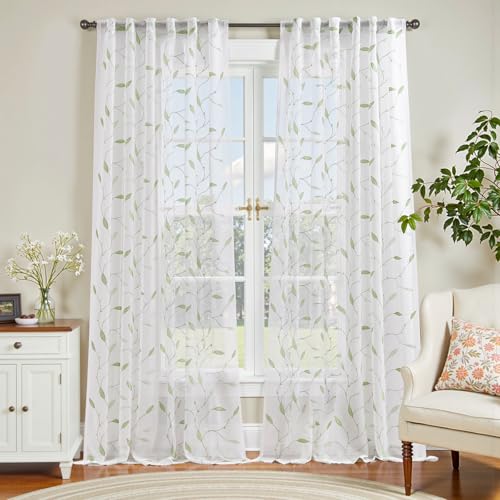 Embroidered Sheer Curtains Floral Leaf White Sheer Curtain for Bedroom Living Room Rustic Voile Drapes Privacy Window Treatment Set of 2 Panels 96 Inches Long Back Tops Green on White - color: Green on White, size: 55"W x 95"L (Pack of 2)