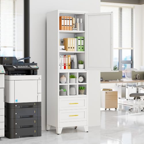 67" Tall Metal Pantry Cabinet, Narrow Freestanding Storage Cabinet, White | Slim Kitchen Storage Organizer with 2 Drawers & 6 Wine Rack Slots, Multi-Use Cupboard for Dining Room Living Room Apartment - color: White - B, size: 15.7"D x 19.7"W x 67"H