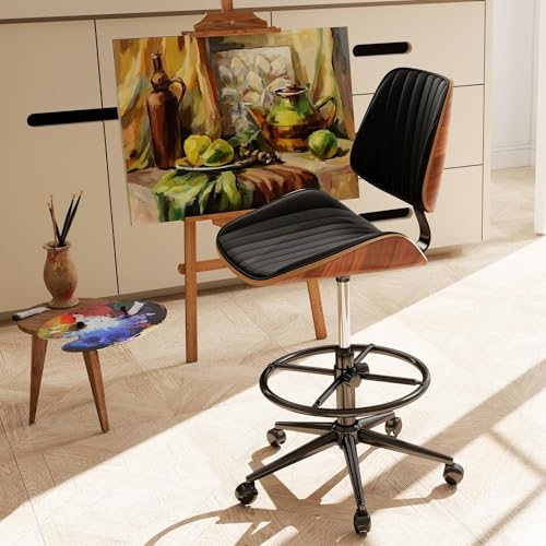 Drafting Chair for Standing Desk, Armless Tall Office Chair with Bentwood Backrest, Adjustable Height, Footrest Ring and Swivel Seat, PU Leather (Black) - color: Black