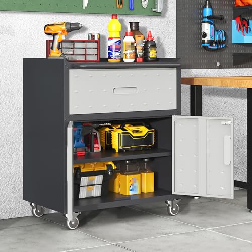 Garage Cabinets,Metal Garage Storage Cabinet with Wheels,Lockable Rolling Tool Cabinet with Drawer and Adjustable Shelves,Heavy Duty Tools Cabinet for Home Office Utility Room,Black/Grey - color: Black/Grey, size: 1 Drawer & 2 Doors