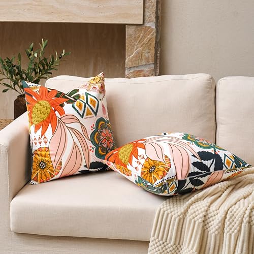 Tyrot Boho Floral Velvet Throw Pillow Covers 16x16 Inch Set of 2 Farmhouse Cushion Covers Mid Century Modern Botanical Home Decor Accent Pillow Cases for Couch Bed Sofa Living Room, Bedroom - color: Blush Pearl, size: 16" x 16" (Pack of 2)