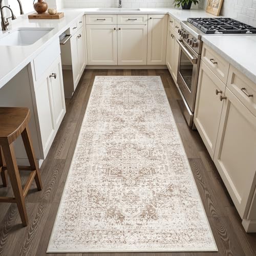 2x6 Washable Runner Rug: Vintage Medallion Kitchen Soft Rugs IvoryBeige | Non Slip Pet Friendly Water Resistant Low Pile Design Easy Clean Durable for Entryway Hallway and Indoor High Traffic Areas - color: Ivory/Beige, size: 2' x 6' (Runner)