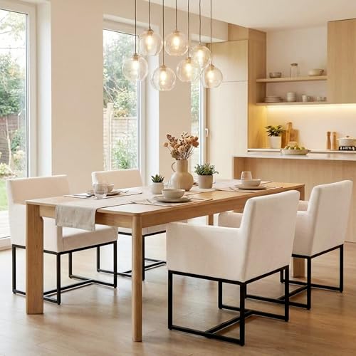 Linen Upholstered Dining Chairs with Arms Set of 2, Mid Century Modern Padded Kitchen Chairs with Black Metal Frame for Restaurant, Dining Room, Cream - color: Cream