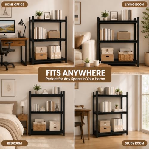 3 Shelf Bookcase, 32" W x 14" D x 32" H Narrow Metal Bookcase for Small Spaces, Black Small Bookshelf, Industrial Standing Storage Shelves for Living Room, Bedroom & Home Office - size: 3 Tier-32"Wx 14"Dx 32"H