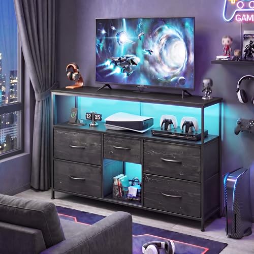 Romorgniz TV Stand for 45/50" TVs, 5 Drawers & LED Lights & Power Outlets | Strong Metal Frame for Stability, Spacious Shelves Display Collections & Keep Organized, Dresser for Bedroom & Studio, Black - color: Black