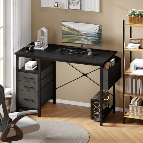 DUMOS 39 Inch Small Computer Desk with Storage, Fabric Drawers | Writing Table, Side Pocket, Space Saving Workstation, Home Office, Gaming Setup, Dorm Apartment, Black