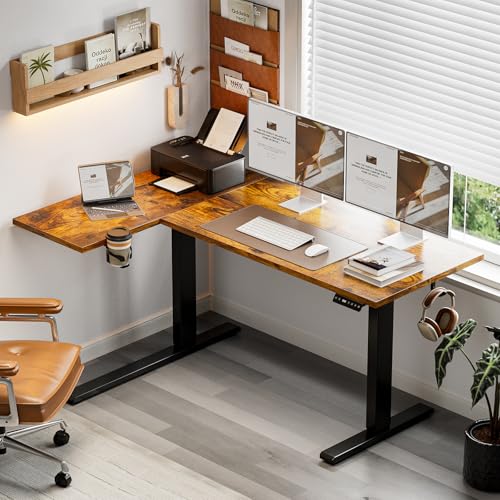 Muvai 59 Inch L Shaped Standing Desk Adjustable Height with Cable Management Tray,Gaming Electric Corner Standing Desk, Sit Stand Computer Table with Reversiable Splice Board,Rustic Brown - color: Rustic Brown, size: L-shaped 59 Inches