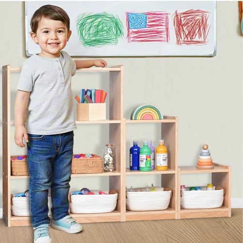 Cube Storage Cabinet, L-Shaped Reversible Ladder Corner Bookshelf | Modular 3-Piece Wooden Freestanding Organizer with 6-Cube for Kids Room & Home Office