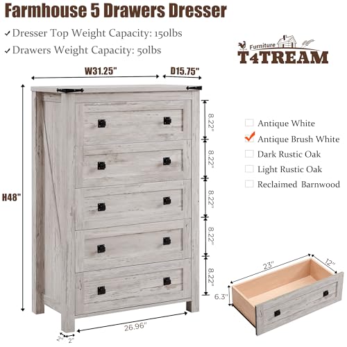 T4TREAM 48" Tall Farmhouse 5-Drawer Dresser for Bedroom,Antique Brush White | Rustic chests of drawers, Wood Storage Cabinet, Metal Handle, Unique Corner Accent, Bedroom, Living Room, Hallway - color: Antique Brush White, size: 15.8"D x 31.3"W x 48"H (5 D