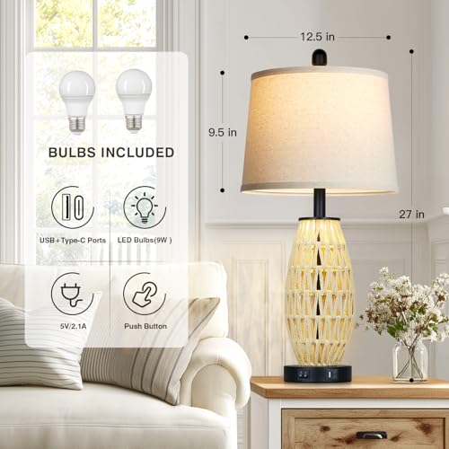 CINSARY 27“ Beige Boho Rattan Table Lamps with Night Light, Natural Bedroom Lamps Set of 2 with USB A+C Charging Ports, Rustic Farmhouse Woven Wicker Bedside Nightstand Lamp for Living Room End Tab - color: Beige and Black
