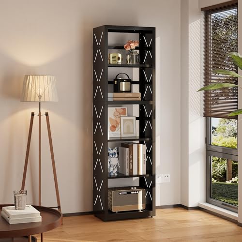 SteeLoong 5 Tier Bookcase,Metal Bookshelf with Adjustable Feet & Shelves | 55"H Black Book Shelf with Bookends,Narrow Bookcase for Small Places,Modern Open Bookshelf for Home Office,Kitchen,Garage - color: Black, size: 5-Tier 16"W