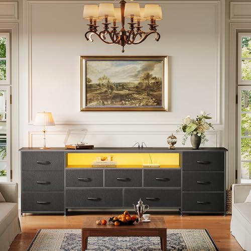 Huuger 70 Inch TV Stand for 75, 80 Inch TV, 11 Drawer Long Dresser with Power Outlets and LED Lights, Entertainment Center with Storage, Black Dresser with PU Leather Surface - color: Black, size: 13"D x 70.9"W x 26.8"H