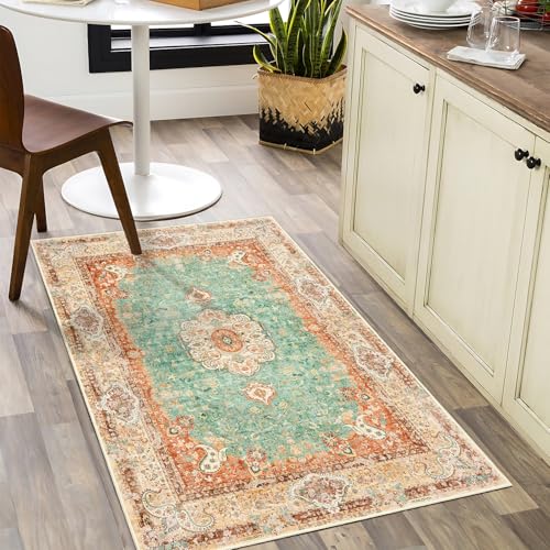 Small Rugs 2x3,Boho Rug for Entryway Bathroom Entrance Doormat | Vintage Bohemian Distressed Farmhouse Washable Accent Floor Throw Carpet Non Slip,Retro Orange Green Floral - color: Retro Orange, size: 2'x3'