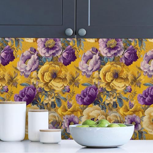 Yellow Purple Vintage Peony Floral Peel and Stick Wallpaper Wall Decor Self Adhesive Wall Paper Stick on Easy Peel Off Contact for Renter Apartment - color: Yellow/Purple, size: 17.7" x 118"
