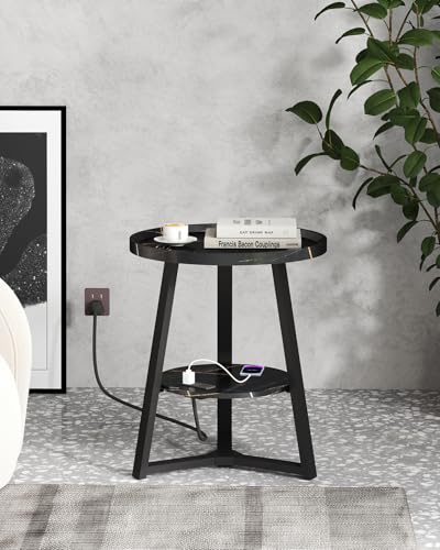 KJGKK Round End Table with Charging Station, 19.7" Dia x 23.63" H, Side Table with Storage Shelf, for Living Room, Bedroom, Faux Marble Top, Black - color: Marble Black