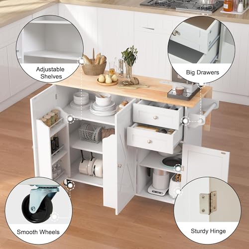 50.4" Kitchen Island with Drop Leaf & Power Outlet, Farmhouse Rolling Island Cart with 3 Spices Shelves on Wheels, Mobil Kitchen Island Table with Rubberwood Countertop Towel Rack, White - color: White, size: 3 Spice Shelves
