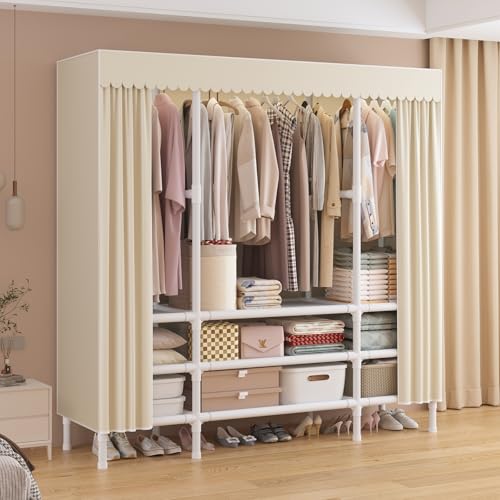Portable Closet with Cover 55.1"x17.7"x65.7" Wardrobe Closet Pale Yellow | Portable Closet for Hanging Clothes, Fabric Cover and Hanging Rod, Portable Wardrobe Storage for Bedroom or Dorm Use - color: Pale Yellow-a, size: 55.1" L
